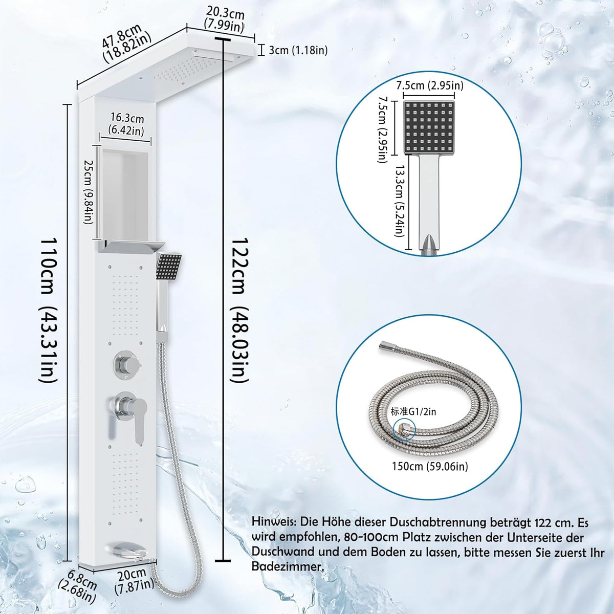 Douchepaneel – Douchesysteem – Douche Set – Douchekolom – Regendouche – Roestvrij Staal 304 – 4 Straalsoorten & Anti-Kalk Nozzles – Wit