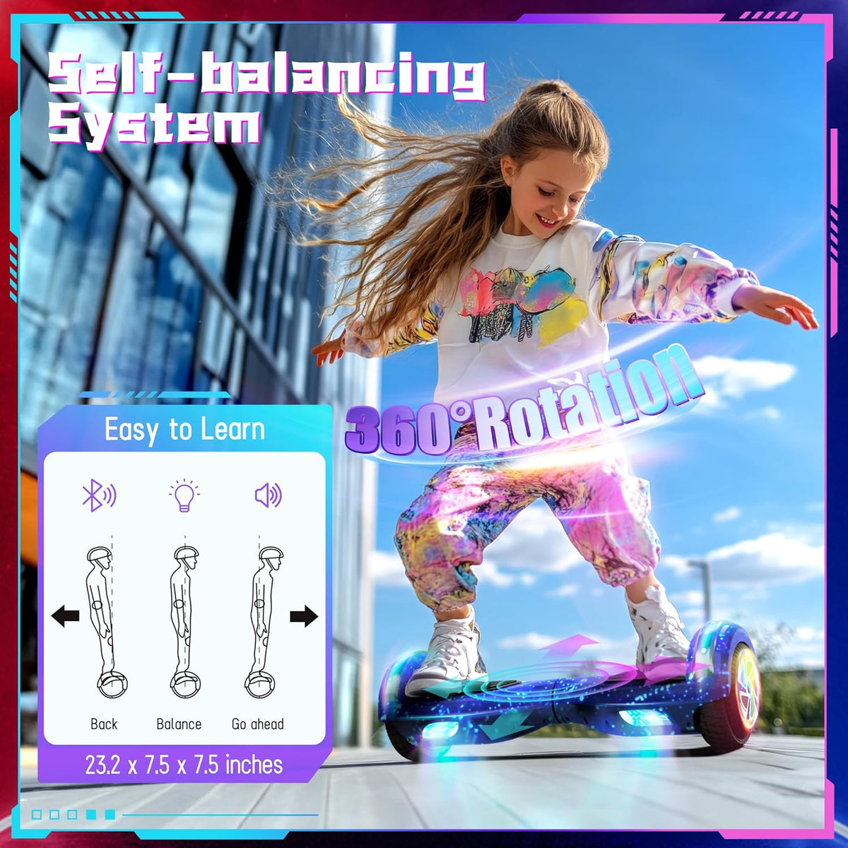 Elektrische step van 6,5 inch (16,5 cm) met Bluetooth en knipperende led-banden en oplichtende motoren, alle terreinen voor jongens, meisjes, kinderen, tieners