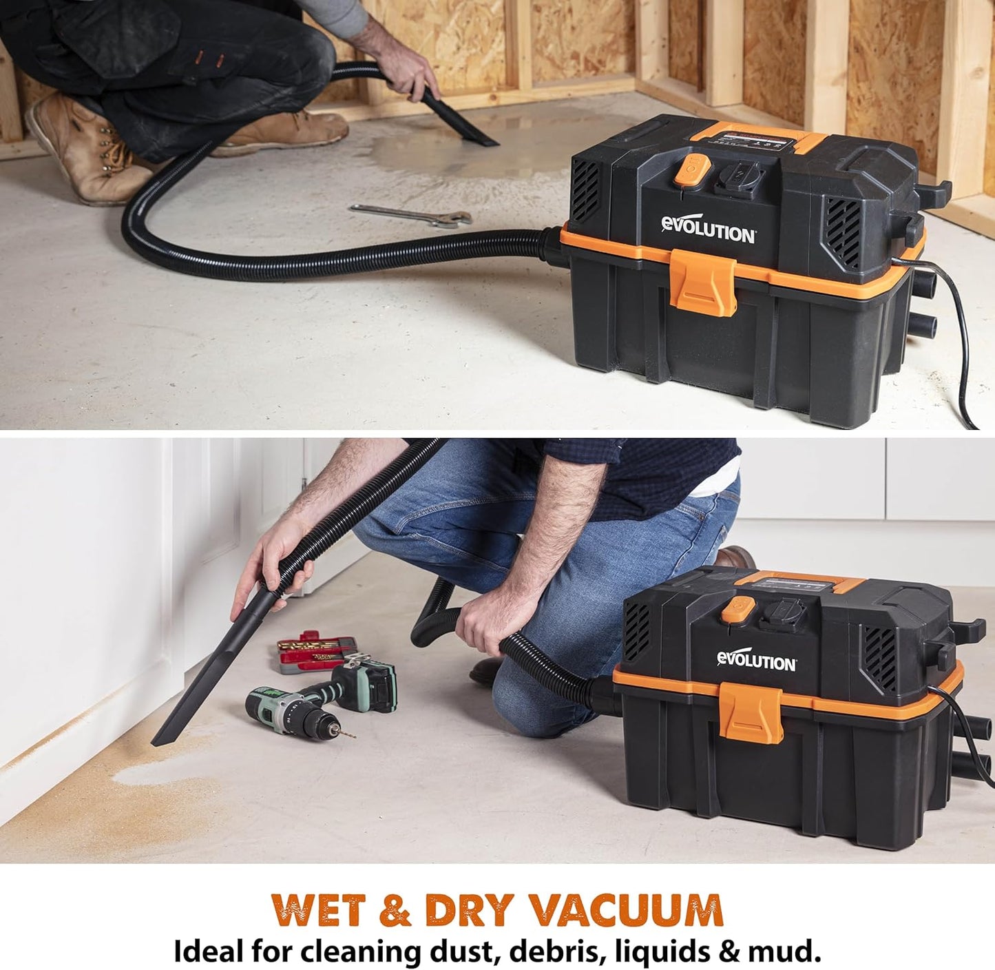 Evolution Power Tools R15VAC Stofzuiger Nat en Droog Vac, Draagbaar en Lichtgewicht Ideale Stofafzuiger voor Zaagsel in Werkplaatsen, Met Power Take-Off, Bedraad, Oranje