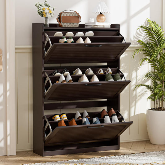Schoenenkast Smal, Schoenkipper met Lamellendeur, Schoenenrek met 3 Kleppen, Schoencommode met 6 Verstelbare Opbergvakken, Schoenopberging voor Hal, 80x24x120 cm, Koffie