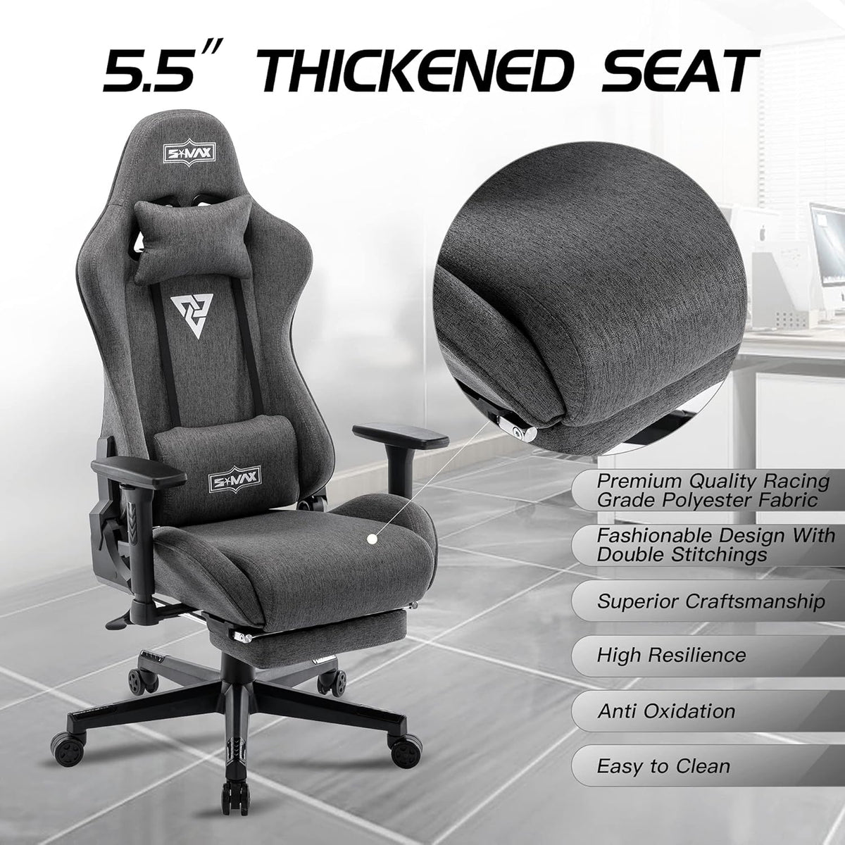 S*MAX Gamingstoel, stof, grijs, met voetensteun, verdikte stoel, 3D-armleuning, videospelstoelen met hoge rugleuning, ergonomische gamingstoel voor volwassenen