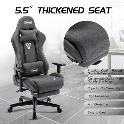 S*MAX Gamingstoel, stof, grijs, met voetensteun, verdikte stoel, 3D-armleuning, videospelstoelen met hoge rugleuning, ergonomische gamingstoel voor volwassenen
