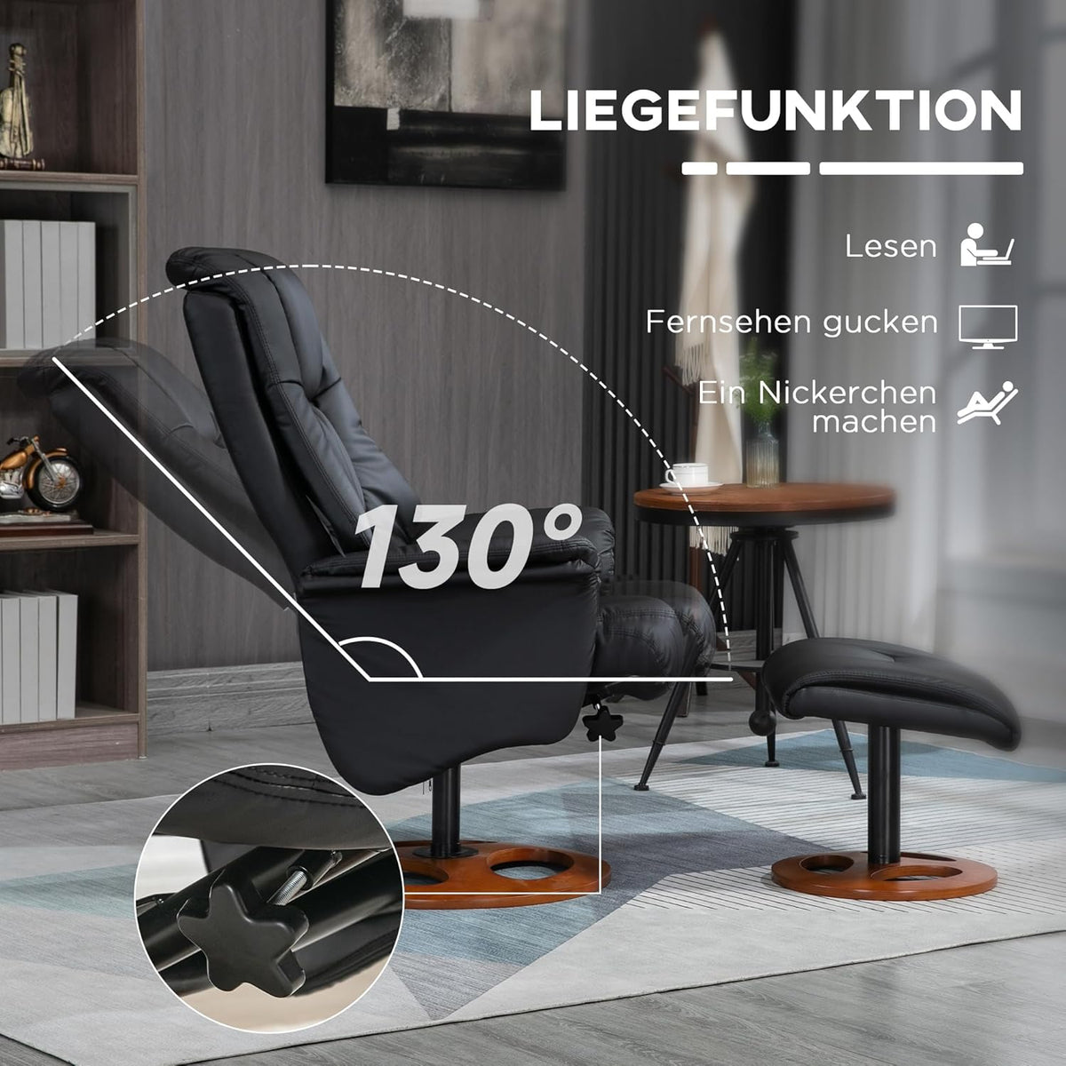 HOMCOM Recliner Chair with Footstool, TV Chair, Upholstered Chair, TV Chair with Reclining Function, 130° Tilting for Living Room, Recreation Room, Black Faux Leather, 77 x 89 x 110 cm. - QUORE