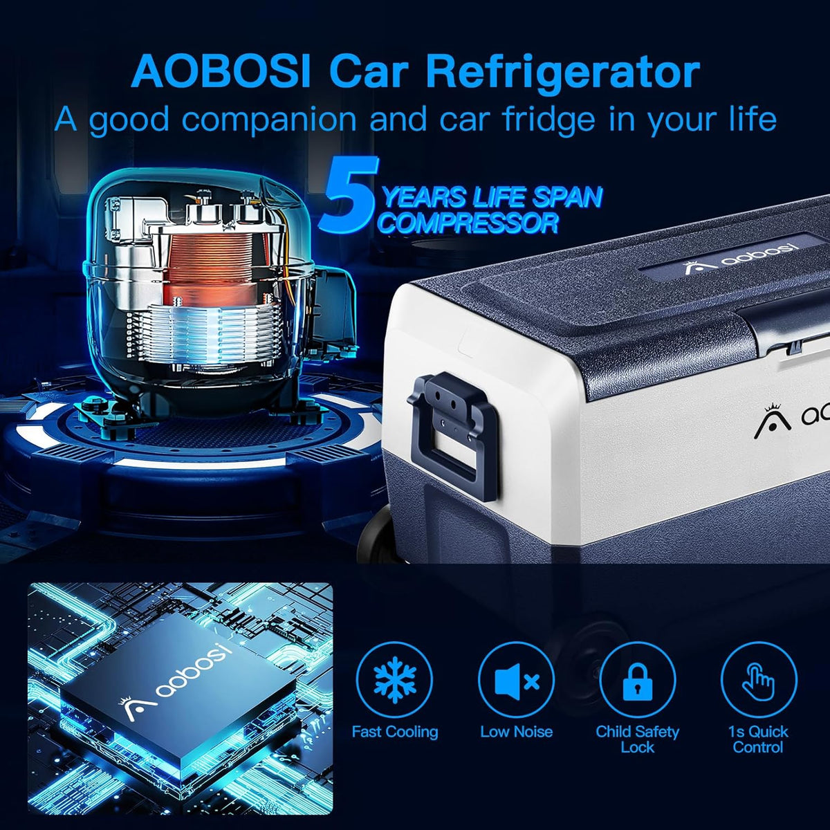 AAOBOSI Compressor-koelbox, 50 l, koelbox auto met wifi-app-bediening, 12/24 V en 100-240 V, elektrische koelbox, tot -20 °C, voor auto, vrachtwagen, boot, camper, camping, dual zone en twee