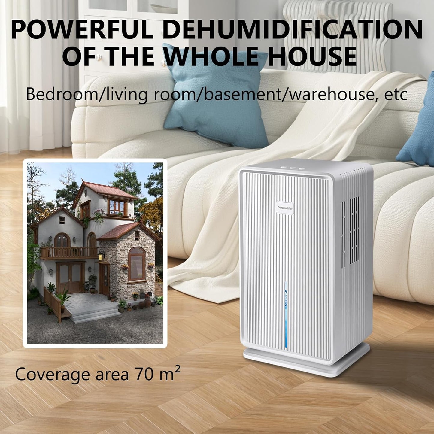 Elektrische luchtontvochtiger, 1 l/T (3 l watertank), luchtontvochtiger onder 40 dB met ontdooien, gekleurd nachtlampje voor 30 m²-70 m², woning, badkamer, kelder, wit