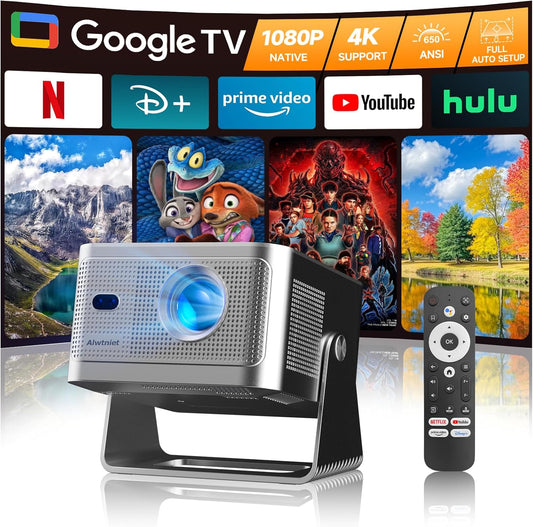 Alwtniet Beamer 4k met Google TV, native Full HD 1080p mini-projector, thuisbioscoop, bluetooth, wifi, kleine smart korte afstand, projector, autofocus, 6d trapeziumcorrectie voor outdoor, mobiele