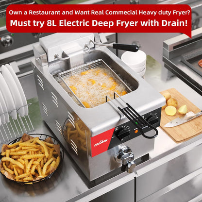 CROSSON Elektrische friteuse voor het werkblad, 8 l, met afvoerventiel, solide mand en deksel voor restaurants, 230 V, 3250 W, roestvrij staal, commerciële friteuse