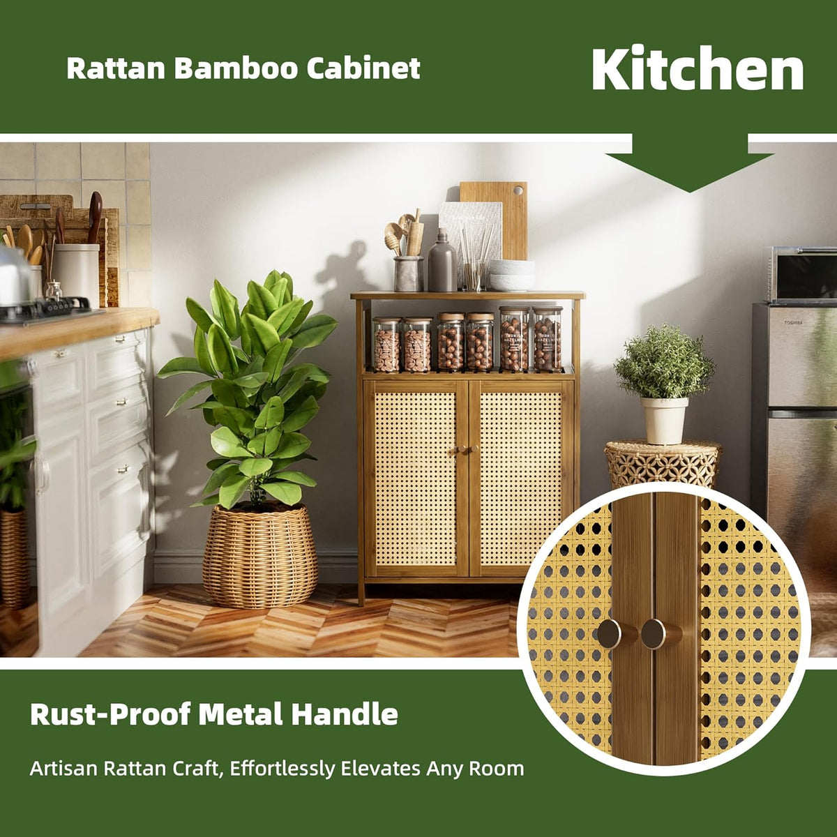 Badkamer Vloerstandaard Kast, Bamboe Opberg Organizer Tafel met 2 Rotan Deuren en 1 Plank, Houten Bijzetkast voor Hal, Wasserij, Keuken, Woonkamer (Walnoot)