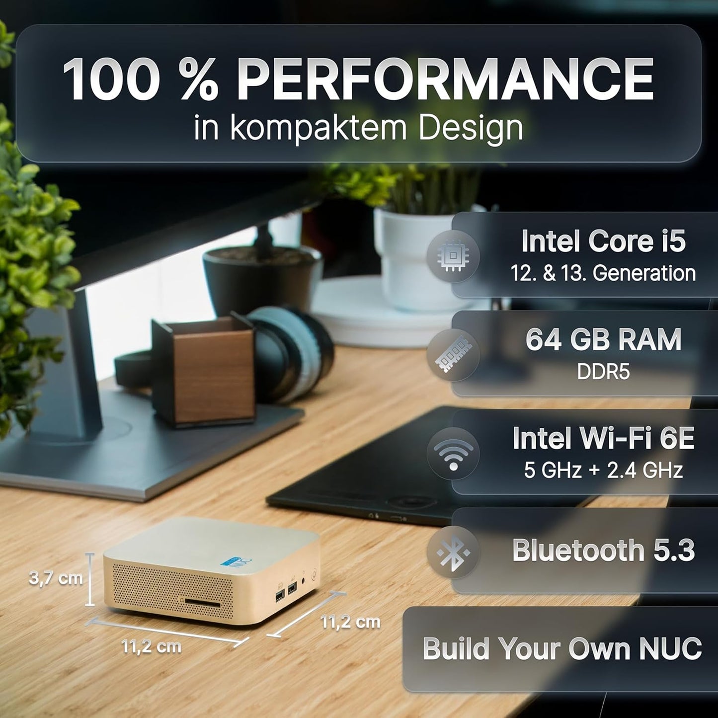 Lux Intel® Core-i5 12 Gen. • NUC 12 Lux PC • 8 kernen, tot 4,4 GHz • 16 GB RAM, 512 GB SSD • WiFi 6E • BT 5.3 • TB 4 • Microsoft Windows 11 Pro • Microcomputer voor thuis en op kantoor
