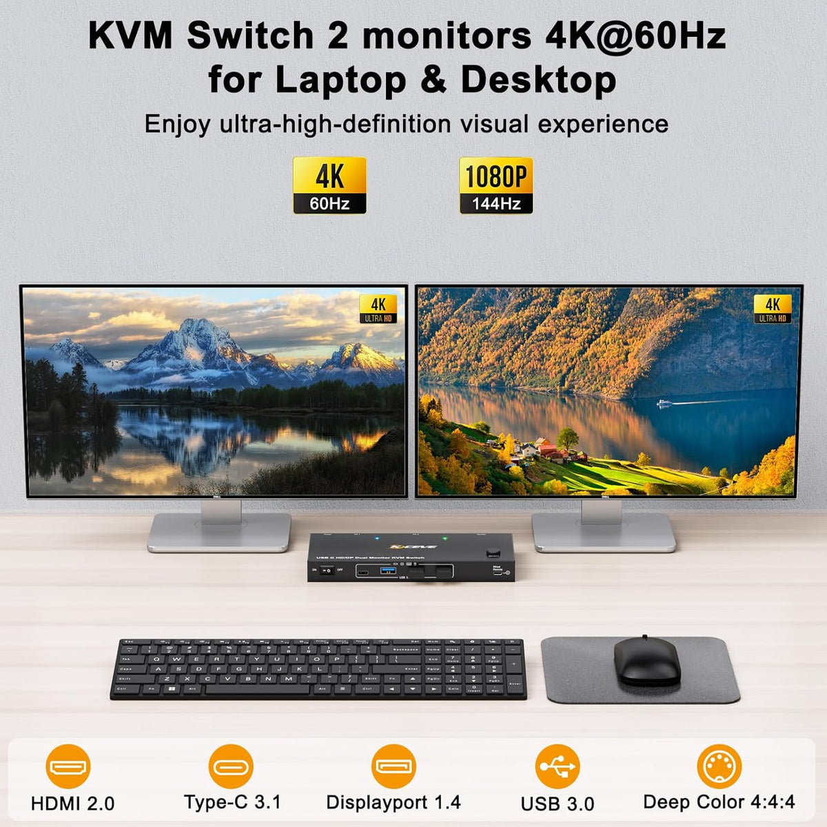 KVM Switch 2 PC 2 monitoren USB C, KVM Switch Dual Monitor voor Laptop & PC, USB 3.0 MST Dual 4K @60Hz, PD 60W voor laptop, HDMI DP KVM-switches USB C, met bedrade afstandsbediening