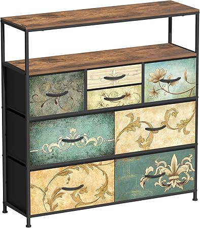 VEDECASA Chest of drawers with 8 fabric drawers, Bohemian Dressing Table, TV Stand for Bedroom, Dresser with Wooden Plate, Fabric Drawers, Metal Frame, for Living Room, Bedroom, Hallway - QUORE