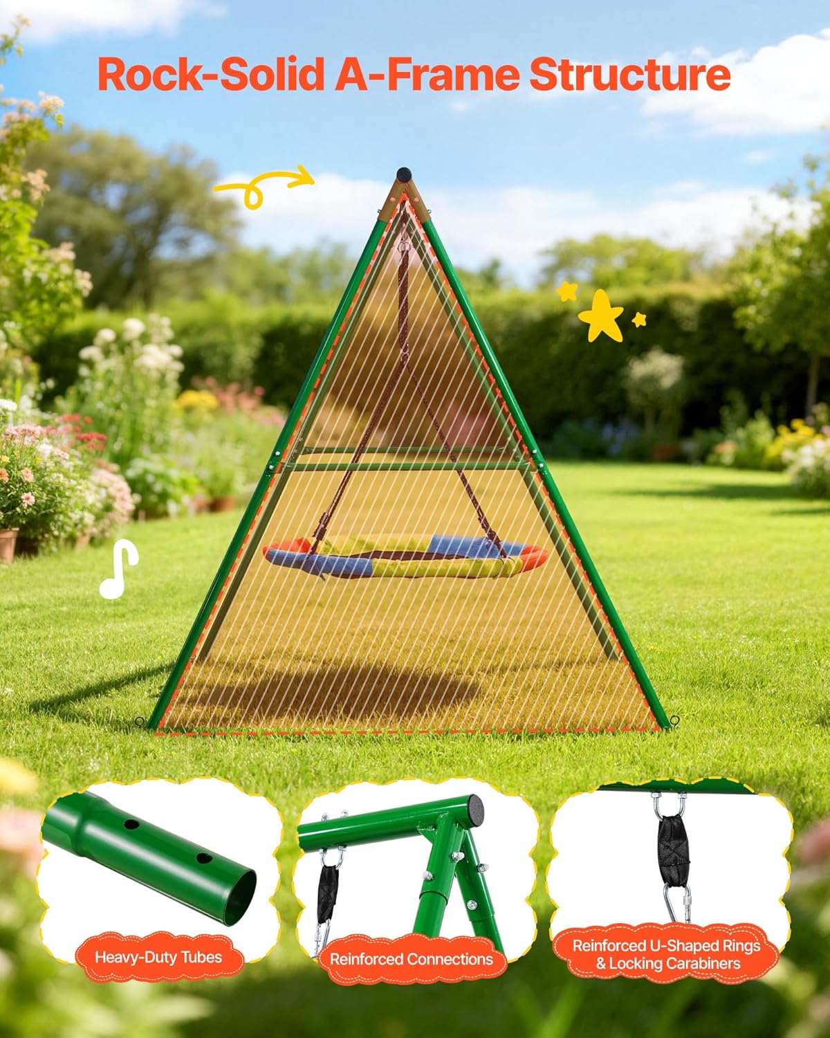 VEVOR Tuinschommel van metaal, A-vormig, voor kinderen, maximale belasting 199,6 kg, rond, diameter 101,6 cm, voor buiten, erf en park, groen en kleurrijk