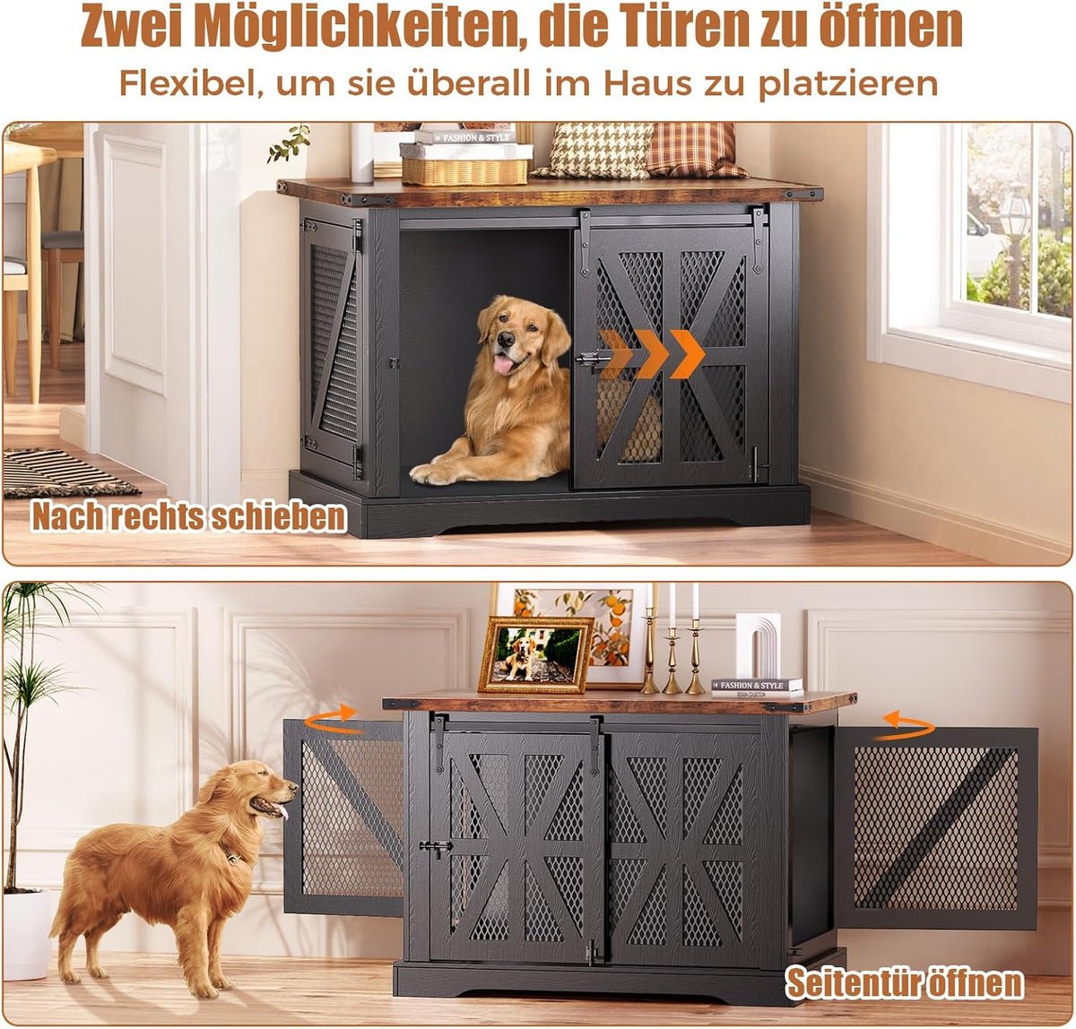 Hondenbench, meubel, 100 cm, hondenbox, driedeurige hondenbench, schuifdeuren, moderne hondenkamer voor binnen, voor kleine en middelgrote honden, versterkte constructie, 100 x 65 x 67 cm, zwart