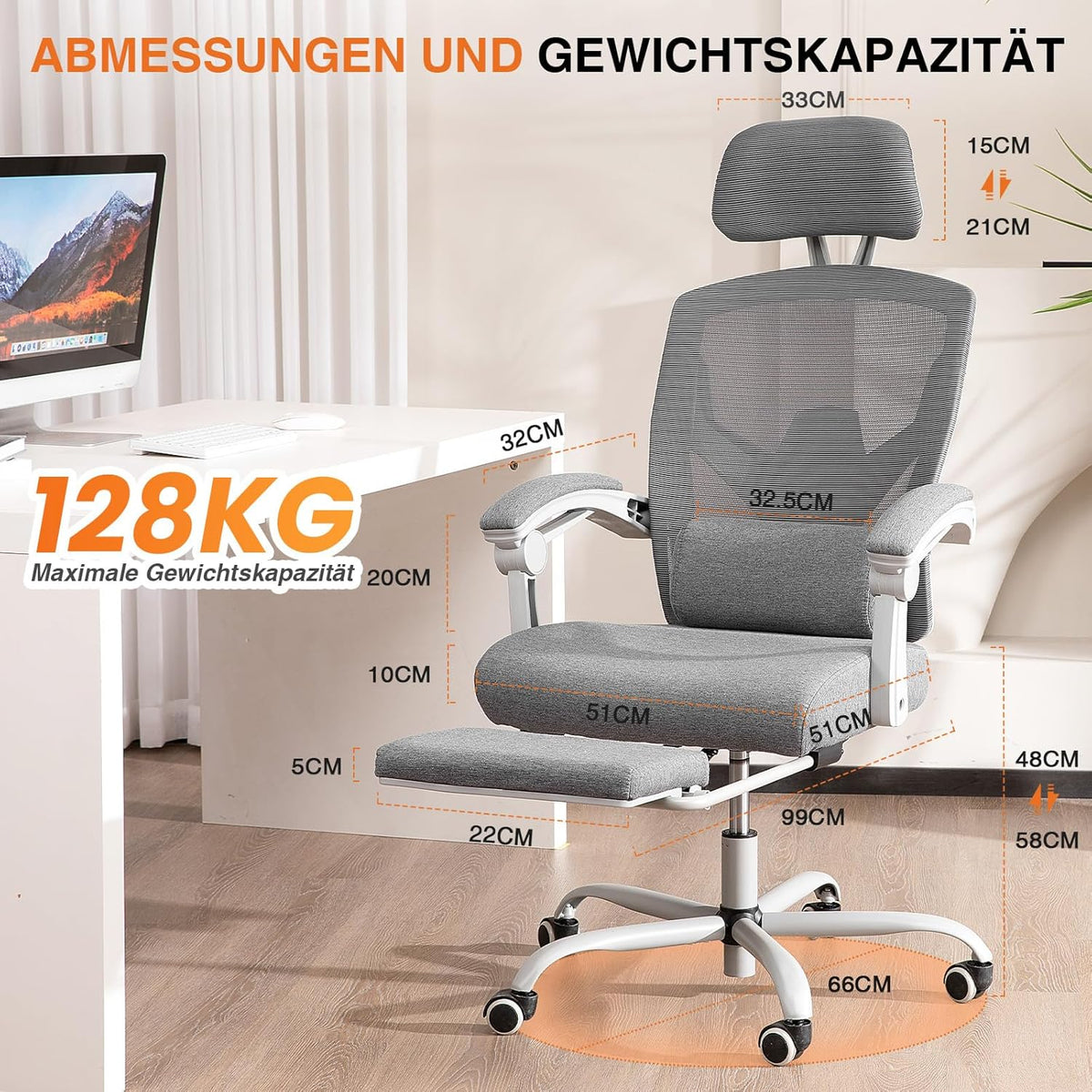 Sweetcrispy Bureau-computer-bureaustoel, gamingstoelen voor volwassenen, high-back mesh rolling draaibare rugleuningstoelen met wielen, comfortabele lendensteun, comfortabele armen, grijs