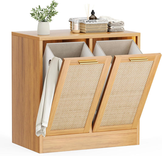 Pamapic Wasdroger, Badkamerkast met Ademende Echte Rotan Design, Kledingopbergmand met 2 Verwijderbare Wasmanden, Badkamer Opbergkast, Anti-tip, 66 x 39,5 x 68 cm, Naturel