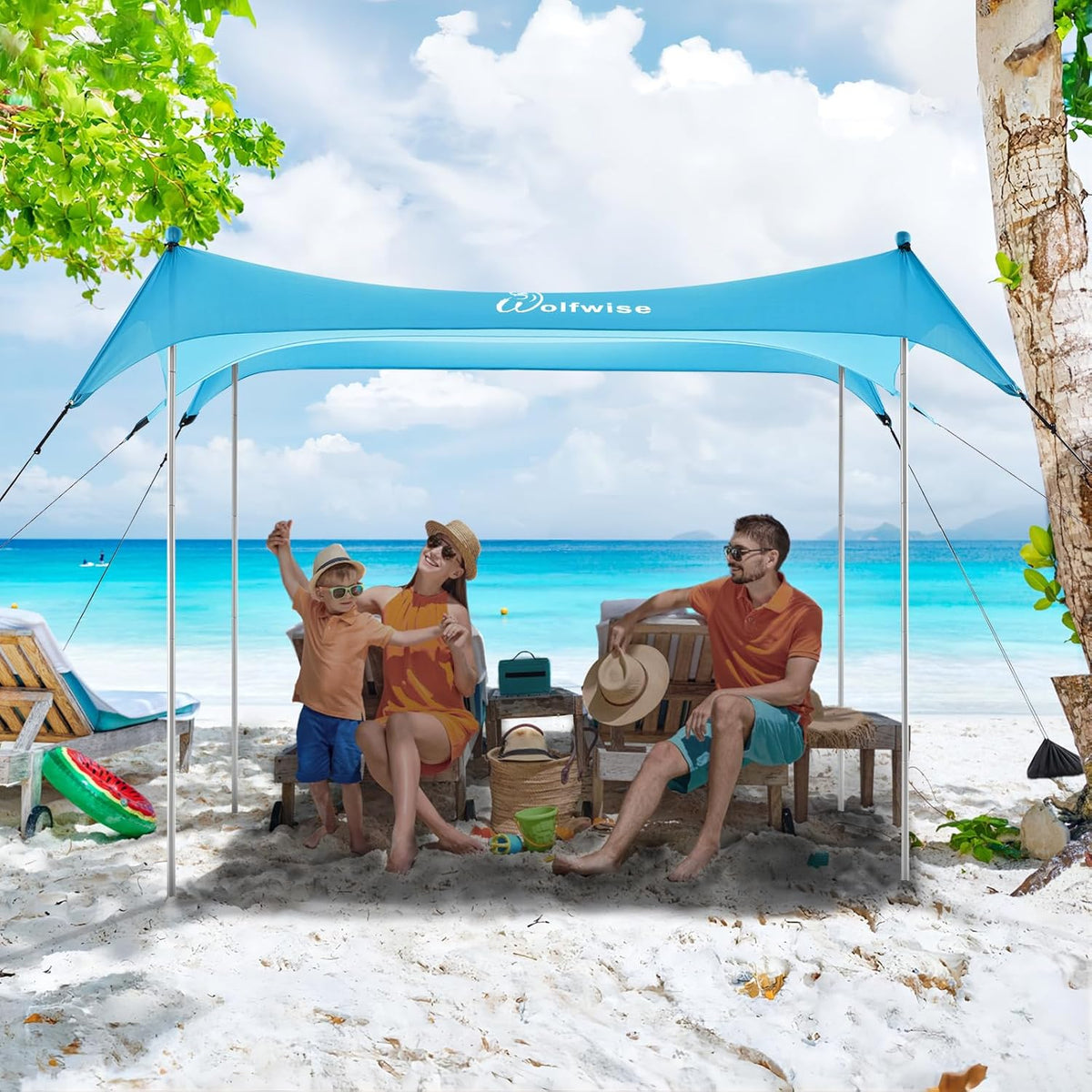 WolfWise UPF50+ Strandtent Zonnescherm, 2,3 x 2,3 m Familie Strand Parasol Geschikt voor 2-6 Personen, Gemakkelijk Op te zetten Winddicht Waterdicht Strand Afdak, Blauw, Large