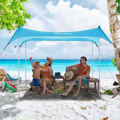 WolfWise UPF50+ Strandtent Zonnescherm, 2,3 x 2,3 m Familie Strand Parasol Geschikt voor 2-6 Personen, Gemakkelijk Op te zetten Winddicht Waterdicht Strand Afdak, Blauw, Large