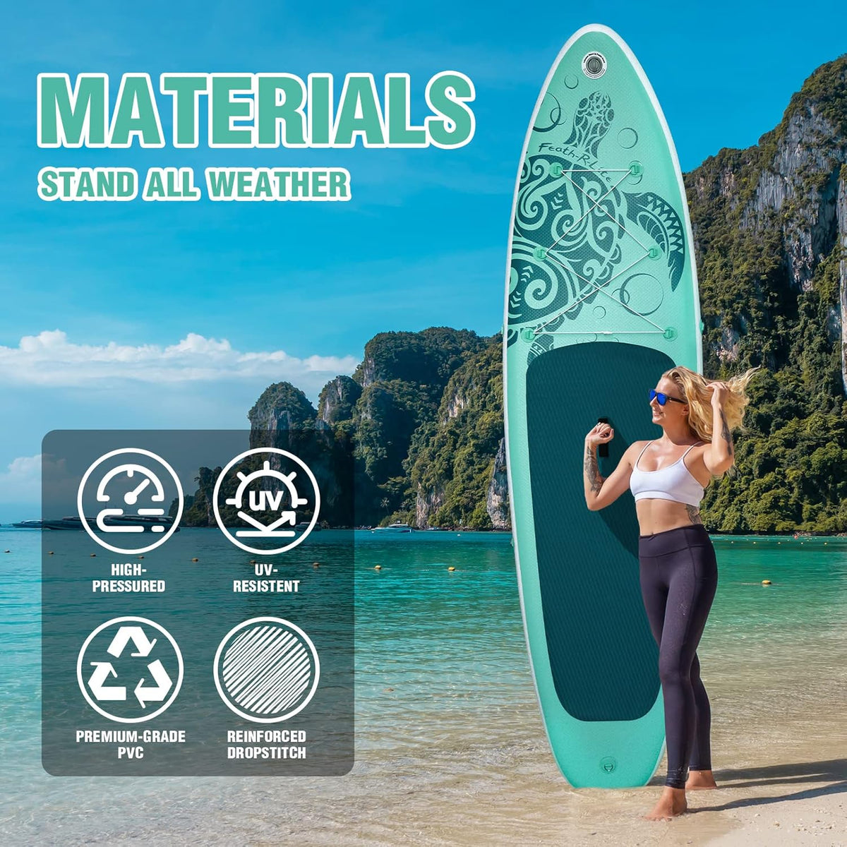 FEATH-R-LITE Opblaasbaar stand-up paddleboard, surfplank, SUP, compleet paddleboard, accessoires, verstelbare peddel, pomp, ISUP reisrugzak, paddleboard voor volwassenen (Ijsgroen)