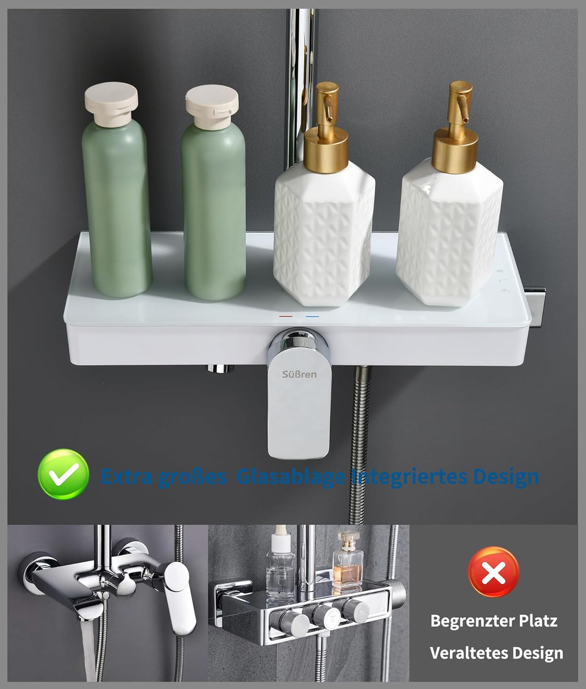 Doucheset Chroom – Douche Systeem – Regendouche – Handdouche – Douchestang – Verstelbare Hoogte – 360° Draaibare Regendouche – Grote Glazen Plank 35x14 cm