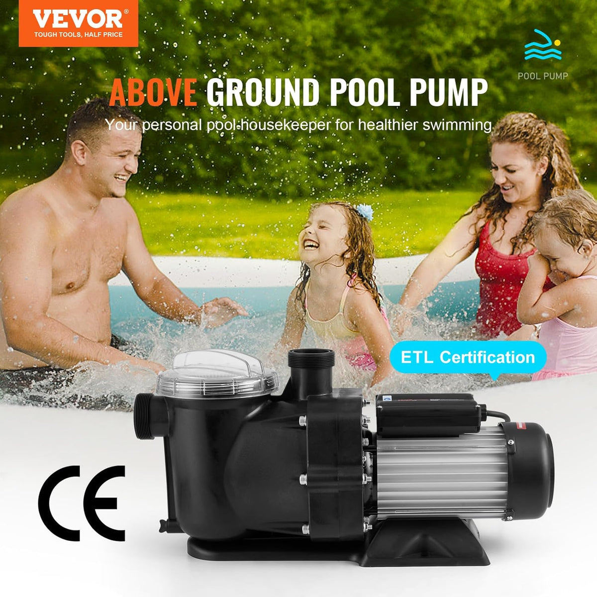 VEVOR Bovengrondse zwembadpomp, 1200 W, eenspeed zwembadpomp 100 GPM, snelheid 2850 omw/min, zwembadpomp met hefkop, max. 15 m, met filtermand, voor bovengrondse zwembaden, spa's