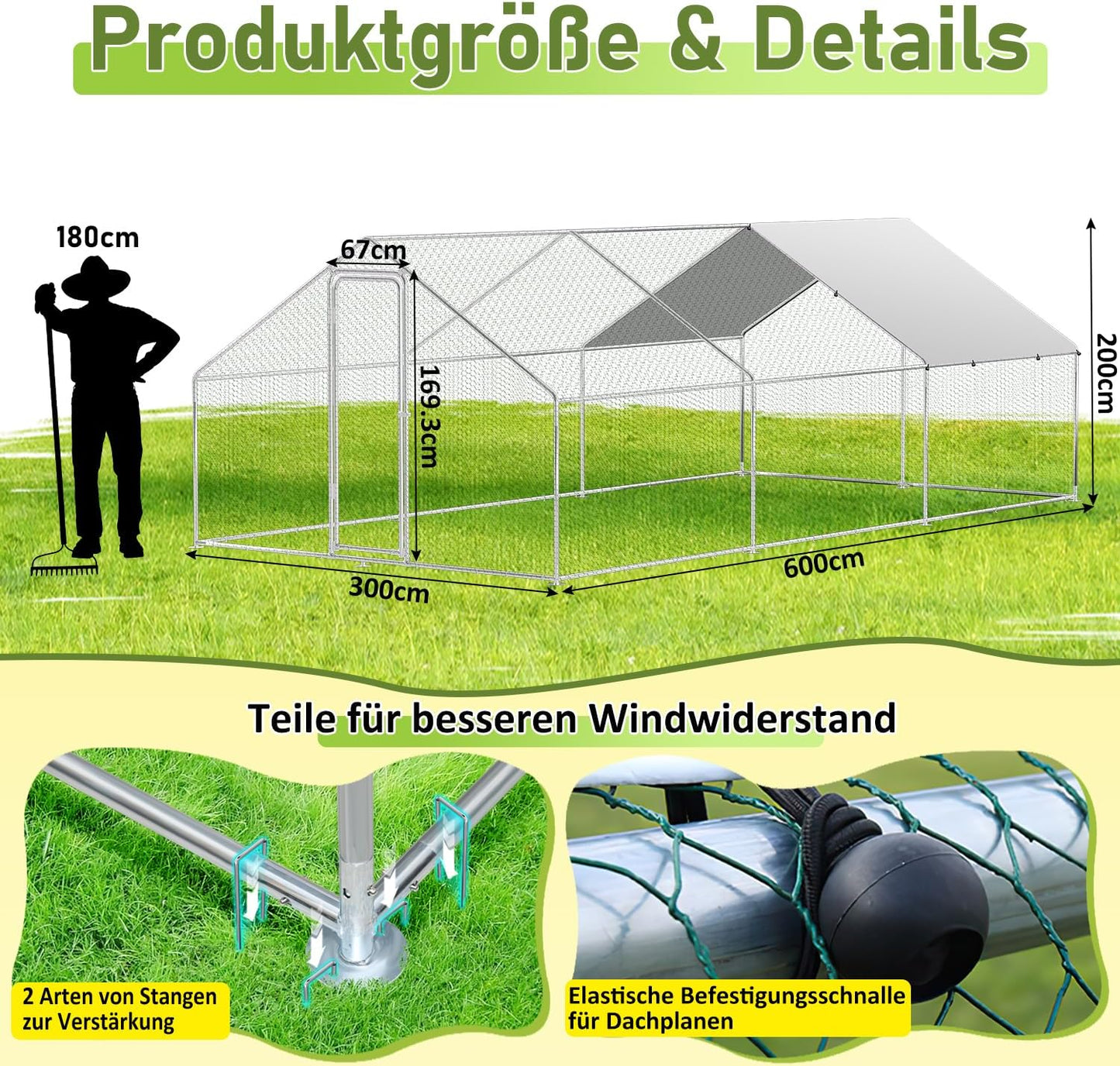 Kippenren – Kippenhok – Buitenren – Dierenren – Ren Voor Kleine Dieren – XXL 3x6x2 Meter – Thermisch Verzinkt Stalen Frame Met Slot