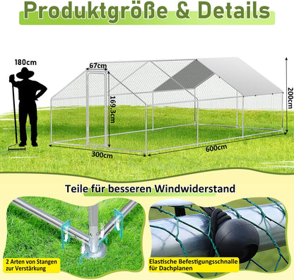 Kippenren – Kippenhok – Buitenren – Dierenren – Ren Voor Kleine Dieren – XXL 3x6x2 Meter – Thermisch Verzinkt Stalen Frame Met Slot