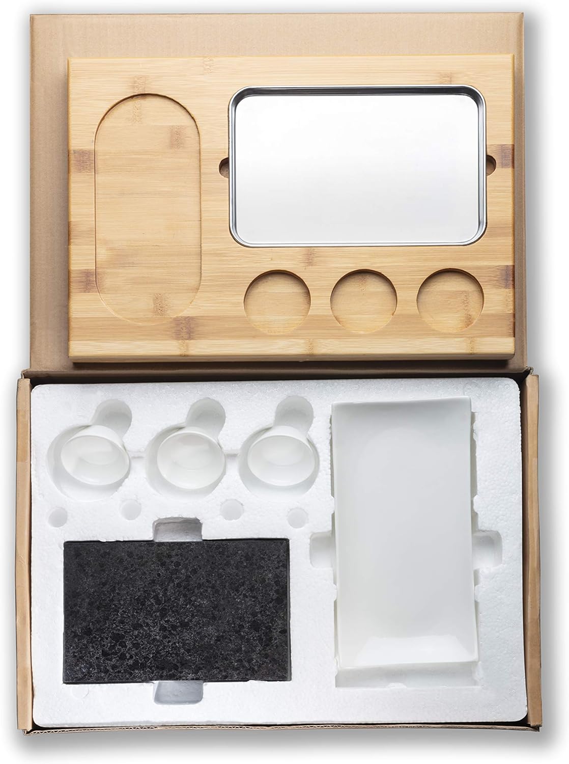 Lavasteen Steakbord – Hot Stone – Hete Steen – Steengrill Set – Steaksteen – 7-Delige Set Met Bamboeplank En Porseleinen Schaaltjes – 3 Cm Dik En Warmtebestendig Tot 280-320°C