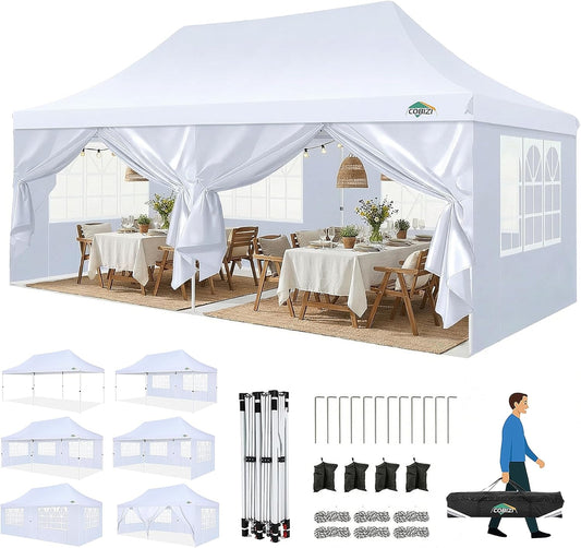 TOOLUCK Vouwpaviljoen, 3 x 6 m, paviljoen, 3 x 6 m, waterdicht, stabiel, winterbestendig, opvouwbaar, partytent met 6 zijwanden en 4 zandzakken, pop-up tuinpaviljoen, anti-uv voor buiten, wit
