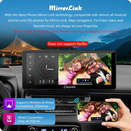 Carpuride W103 Pro met draadloze Bluetooth-overdracht, draagbaar Carplay en Android Auto-autoradio, 10,3 inch 1080P-touchscreen, Mirror Link/GPS/Siri/FM, met 3 houders