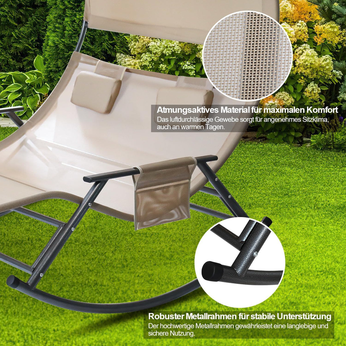 Outdoor Double Lounger Sun Lounger for 2 People with Sun Canopy Bag Double Rocking Chair up to 250 kg Breathable Fabric Versatile Choice of Colours for Garden, Balcony, Patio (Beige) - QUORE