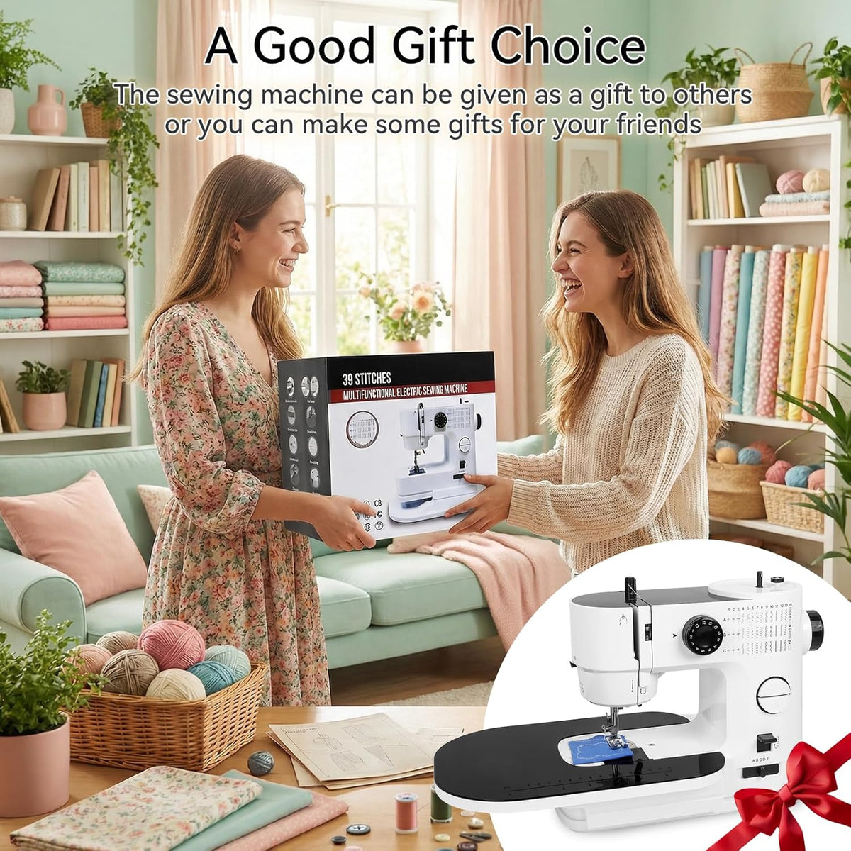 Qoosea Naaimachine voor beginners met aanschuiftafel, 39 steken, kleine naaimachine voor kinderen, draagbare mini-naaimachine met ledlicht, draagbare elektrische naaimachine, huishouden, voor