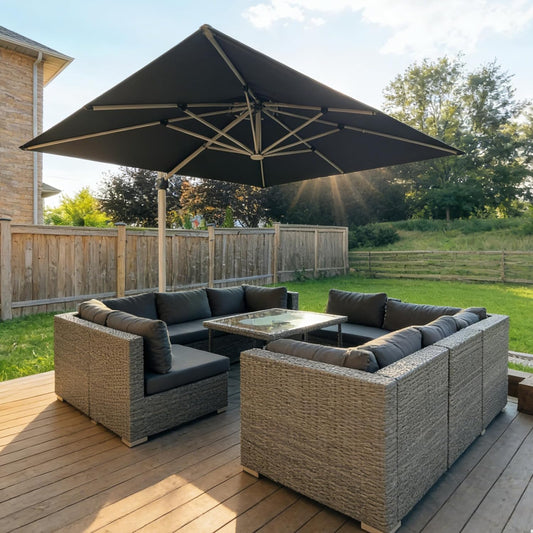 PURPLE LEAF Parasol met ledverlichting, zonnescherm, 300 x 300 cm, marktscherm, groot, 360 graden rotatie, tuinscherm met zwengel, balkonscherm, XXL, zonwering UV50+, grijs