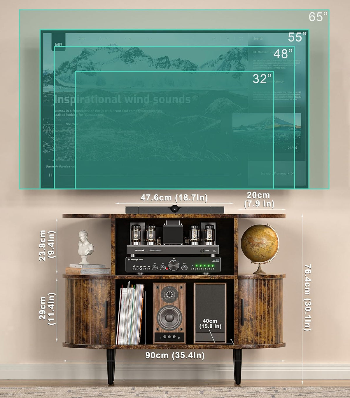 Platenspelerstandaard, vinylplaat kast, tv-kast hout, televisietafel met afgeronde hoeken, tv-standaard met opbergruimte, tv-rek voor televisies tot 165 cm, met schuifdeuren voor woonkamer, bruin