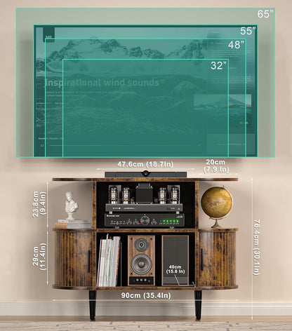 Platenspelerstandaard, vinylplaat kast, tv-kast hout, televisietafel met afgeronde hoeken, tv-standaard met opbergruimte, tv-rek voor televisies tot 165 cm, met schuifdeuren voor woonkamer, bruin
