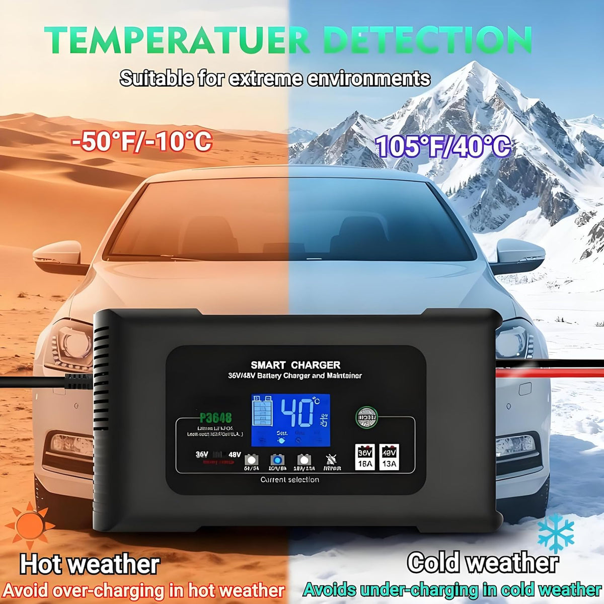 36V/48V Acculader – Batterijoplader – Onderhoudslader – Slimme Acculader – Auto Acculader – 18A Snel Laden – Impulsreparatie & Automatische Accutest