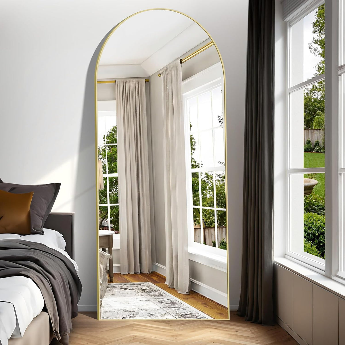 Weare Home Boogvormige staande spiegel, 192 x 85 cm, grote staande spiegel met aluminium frame, om op te hangen of te staan, staande spiegel voor woonkamer, slaapkamer (goud)