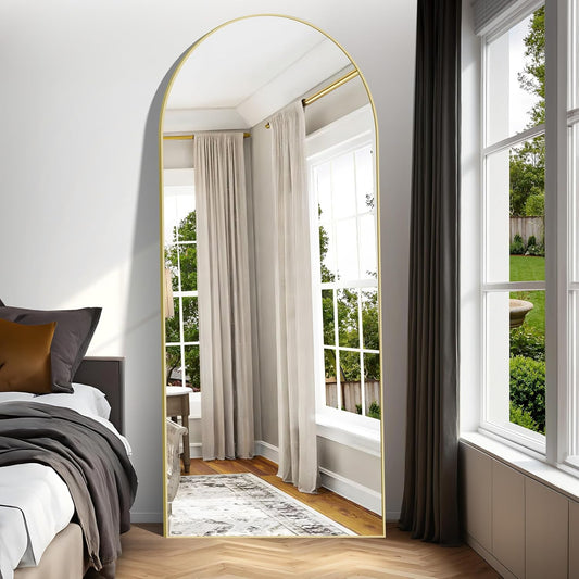 Weare Home Boogvormige staande spiegel, 192 x 85 cm, grote staande spiegel met aluminium frame, om op te hangen of te staan, staande spiegel voor woonkamer, slaapkamer (goud)