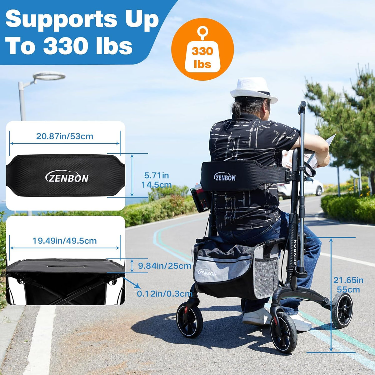 Rollator Opvouwbaar en Licht met Zitting: Rollator Carbon Gemakkelijk Inklapbaar voor kofferbak Reizen - Rollatoren voor senioren Lichtgewicht Smal voor Thuis Binnen Buiten (zwart)