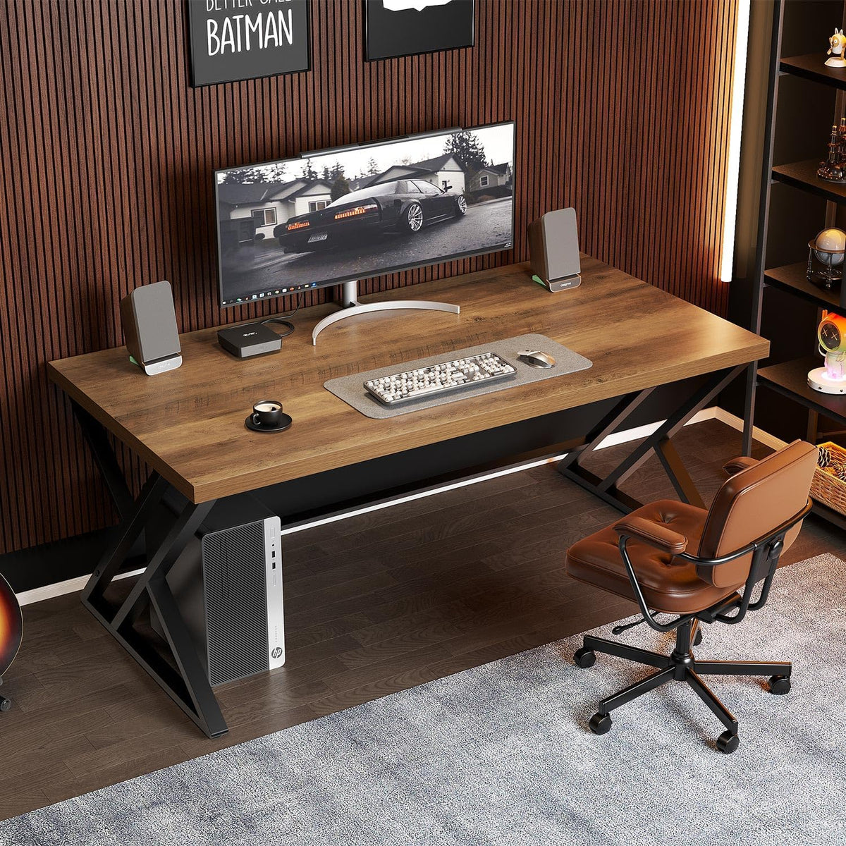 LVB Houten computerbureau, rustiek thuiskantoor executive bureau voor slaapkamer, industriële houten computer schrijven studiewerk gamingtafel, moderne metalen pc student eenvoudig bureau met opslag,