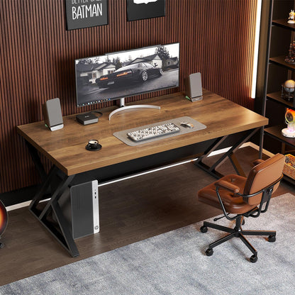 LVB Houten computerbureau, rustiek thuiskantoor executive bureau voor slaapkamer, industriële houten computer schrijven studiewerk gamingtafel, moderne metalen pc student eenvoudig bureau met opslag,