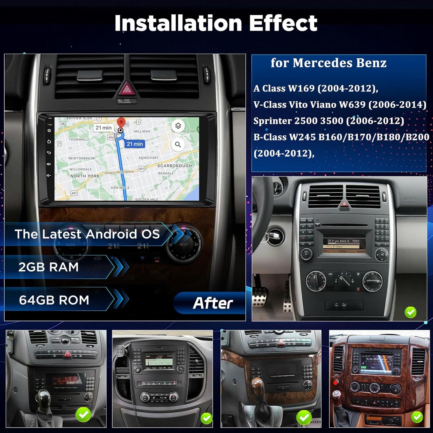 Android Autoradio voor Mercedes Benz A/B/V Klasse & Sprinter W169 W245 B200 Vito Viano, Draadloze CarPlay Android Auto, GPS WiFi, DSP, Plug & Play Radio + Achteruitrijcamera
