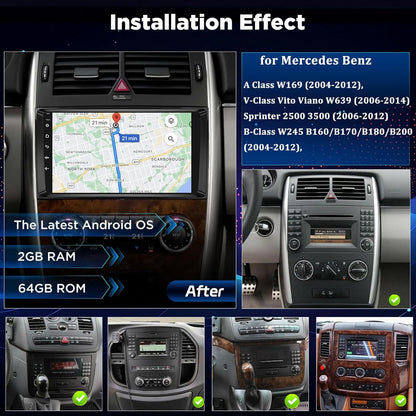 Android Autoradio voor Mercedes Benz A/B/V Klasse & Sprinter W169 W245 B200 Vito Viano, Draadloze CarPlay Android Auto, GPS WiFi, DSP, Plug & Play Radio + Achteruitrijcamera