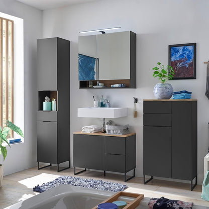 Stella Trading Denver Badkamercommode in zwart/Evoke eikenlook, FSC-gecertificeerd, badkamerkast met veel opbergruimte, 60 x 106 x 32 cm (b x h x d)
