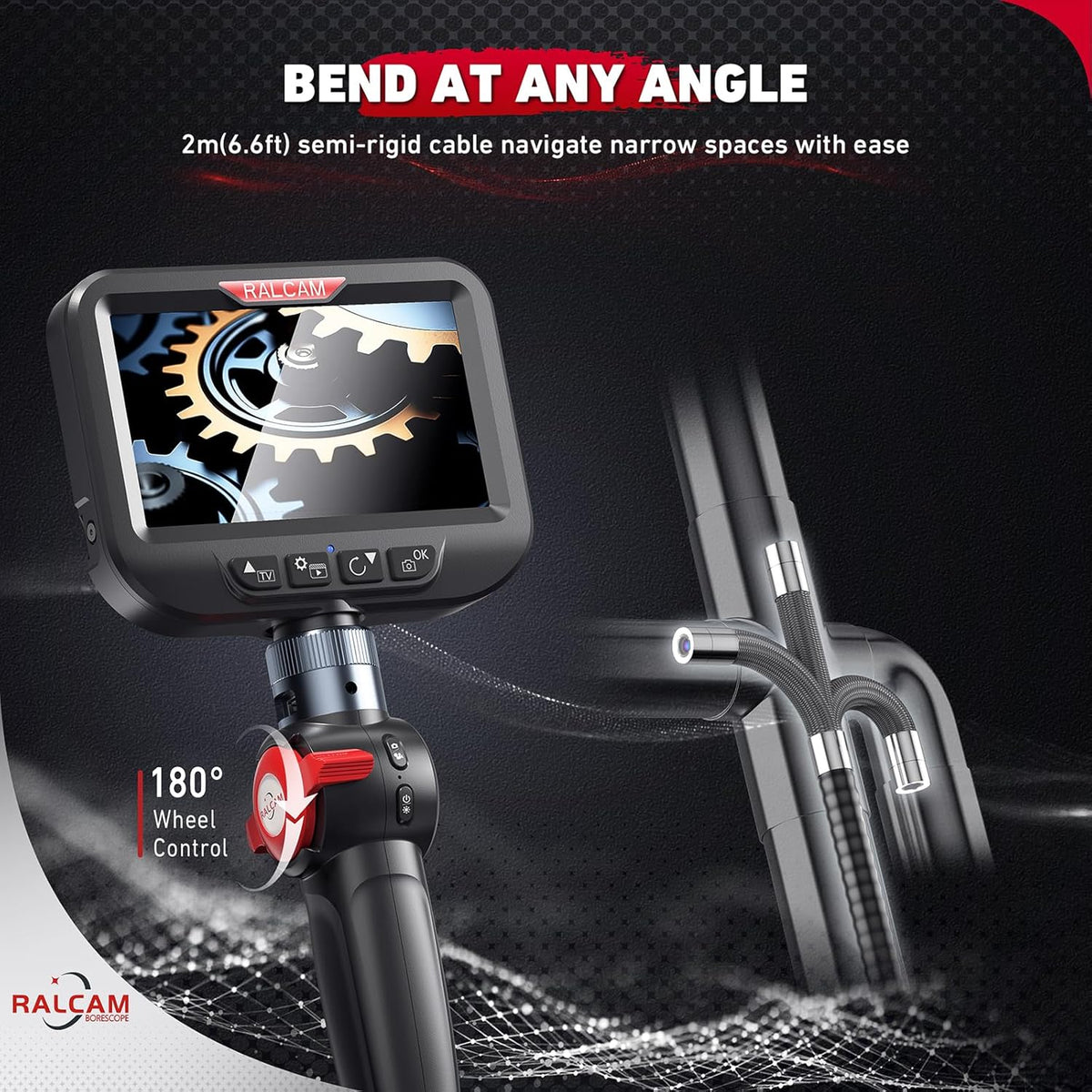 Ralcam Endoskopkamera mit Licht Endoscope Camera - Endoskop 6,2mm Inspektionskamera 4,3" HD 720P Rohrkamera, Kameras mit 6 LED, IP67 Wasserdicht 2M Halbstarre Kabel Teleskopkamera Kfz Werkzeug