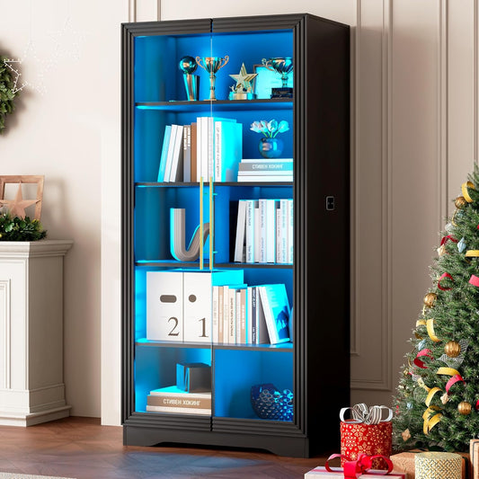 LVSOMT Glazen vitrine met LED-verlichting, 165 cm vitrinekast met glazen deuren, vitrine met 4 displayplanken, 3 kleuren licht, vitrine glas hout woonkamer hal, zwart