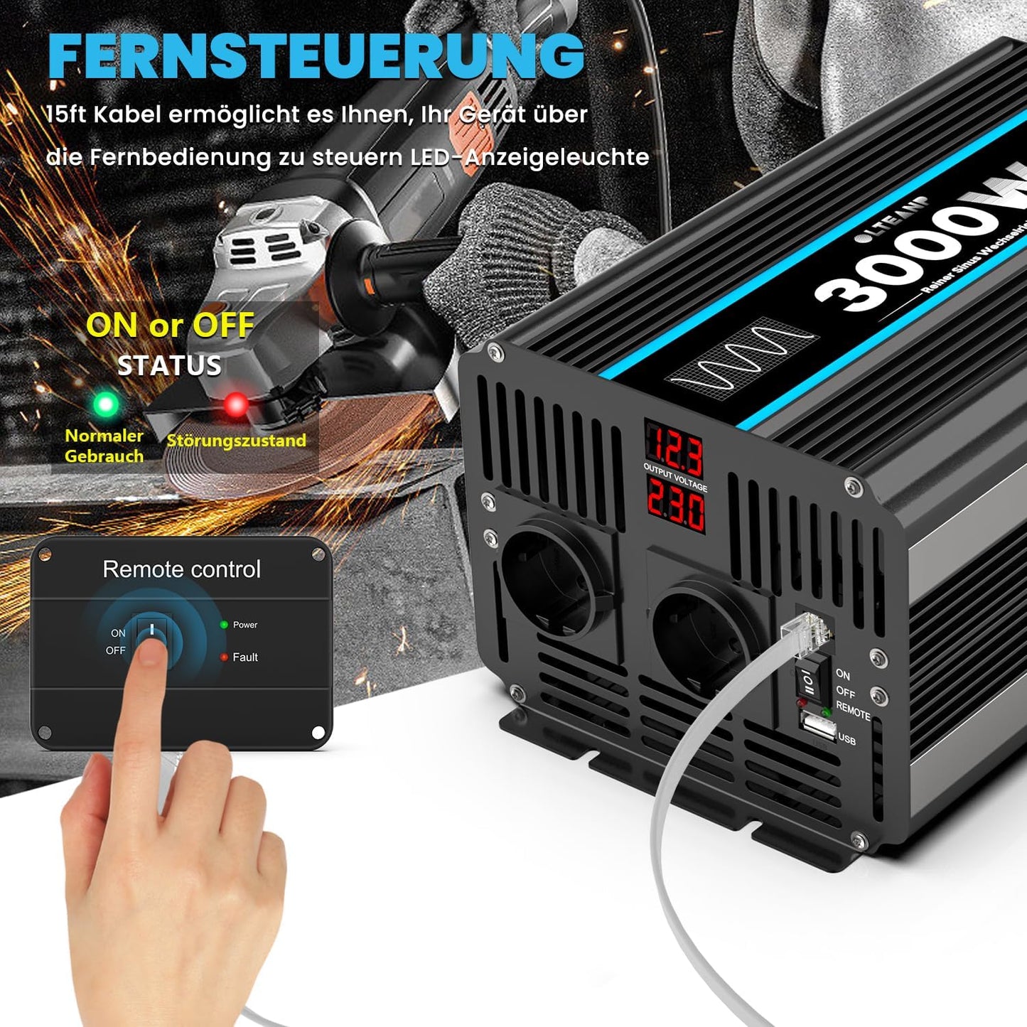 Omvormer 12V naar 230V zuivere sinus 3000W spanningsomvormer Omvormer met EU-aansluitingen en USB-poort -afstandsbediening en LED-display Voor camper, caravan, camping