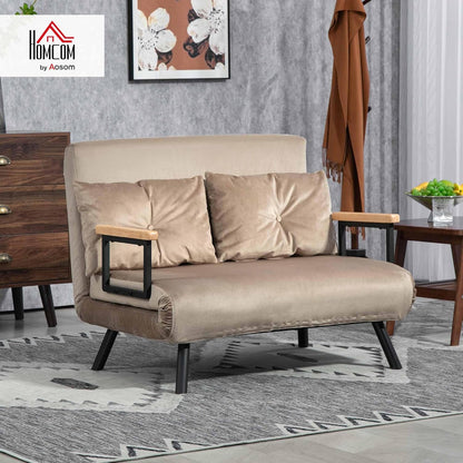 2-zits Slaapbank – Bedbank – Sofa Bed – Logeerbed – Loveseat – Verstelbare Rugleuning 5 standen – Stevig Stalen Frame – Lichtbruin Polyester