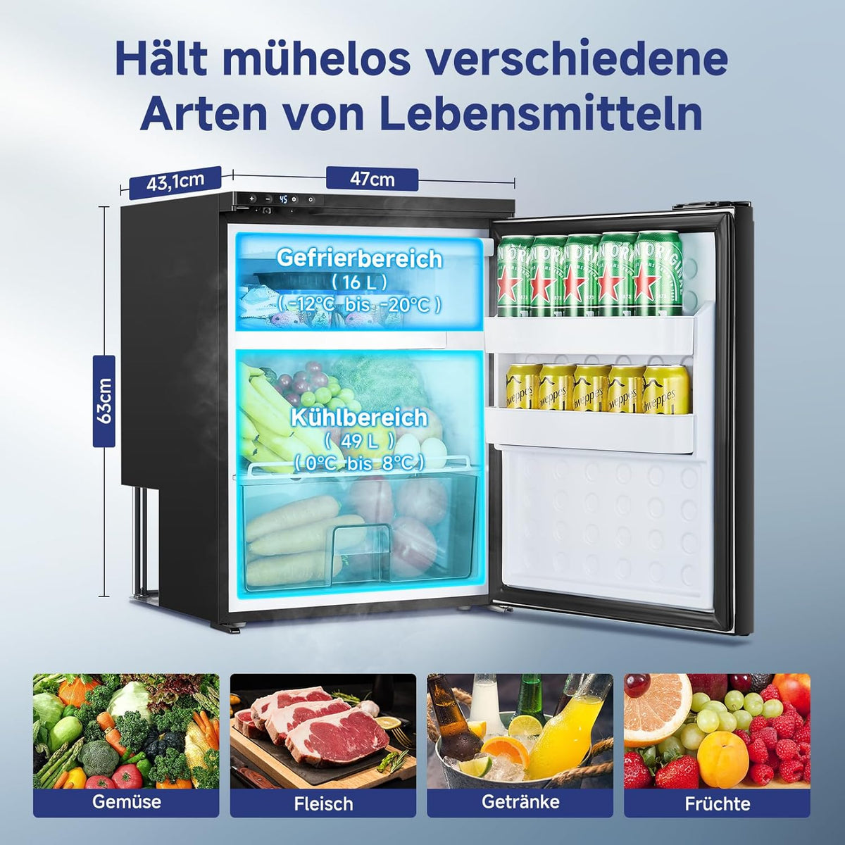 AAOBOSI 65L Compressorkoelkast, APP-Gestuurde Camperkoelkast, 12/24V DC, LED-Verlichte Voertuigkoeler, Bereikt -20 °C, Geschikt Voor Auto's, Vrachtwagens, Boten, Campers, Kamperen en Reizen