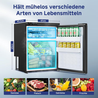 AAOBOSI 65L Compressorkoelkast, APP-Gestuurde Camperkoelkast, 12/24V DC, LED-Verlichte Voertuigkoeler, Bereikt -20 °C, Geschikt Voor Auto's, Vrachtwagens, Boten, Campers, Kamperen en Reizen