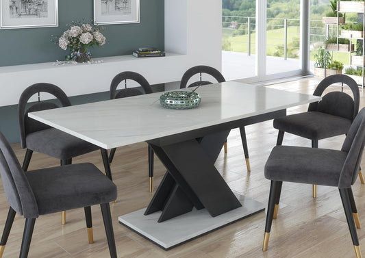 Uitschuifbare Eettafel – Moderne Tafel – Eetkamertafel – Uitschuiftafel – Marmerlook Tafel – 120-160 cm Lengte – Grijs V-Pootontwerp